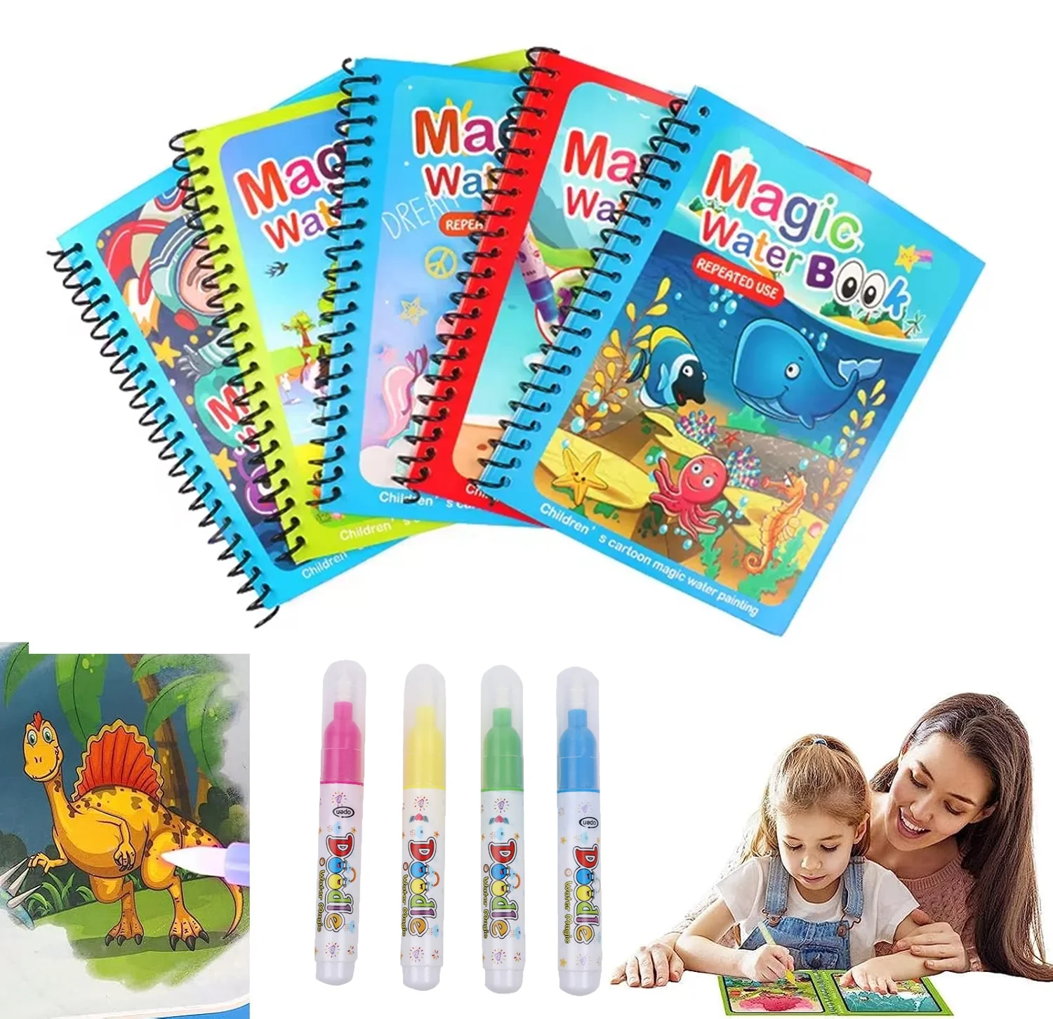 Reusable Water Magic Coloring Book - 1PC 子供水彩画マジックブック詰め替え可能な水ペン付き感覚早期教育と学習パズル描画おもちゃ