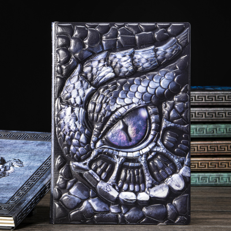 Vintage Leather Journal Notebook - A5サイズ、3Dエンボス加工のドラゴンアイノート、ヴィンテージ風PUレザー表紙の罫線入り日記帳、ファンタジー風のドラゴンエンボス加工が施されたノート。